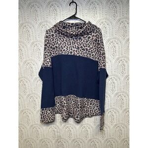 Womens‎ 2X Leopard Print Cowl Neck Thermal Waffle Knit Top Navy Blue